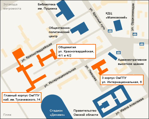 Схема расположения главного корпуса ОмГПУ и 3 корпуса ОмГПУ